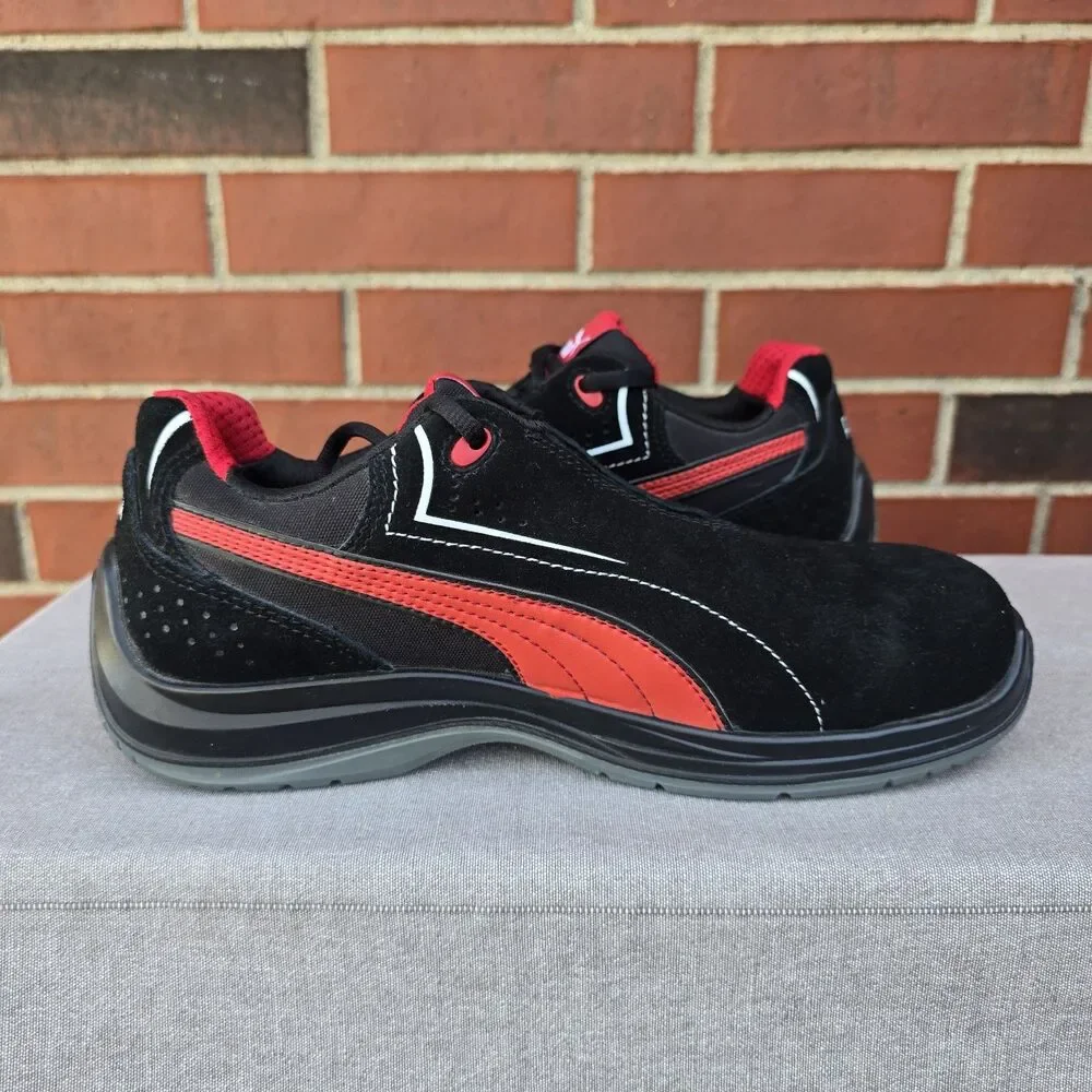 PUMA Safety Touring Black Suede W/ Red, Low Top, ASTM EH Size 9.5 Slip Resistant